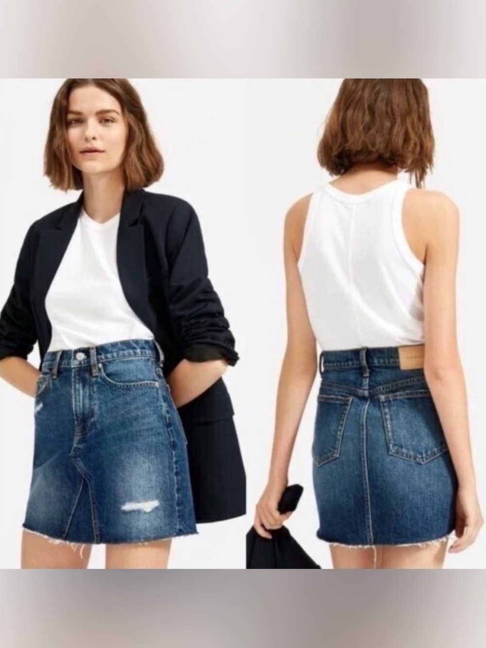 Everlane The Denim Reconstructed Jean Mini Skirt High Rise Distressed Sz 32